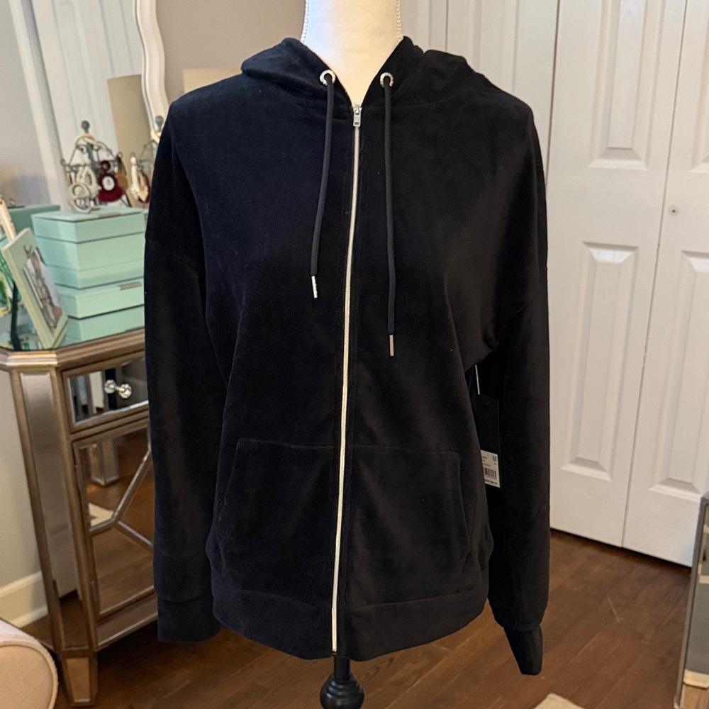 Bebe & Ciara Collab Black Stretch Micro Corduroy Zip-Up Hoodie NWT M